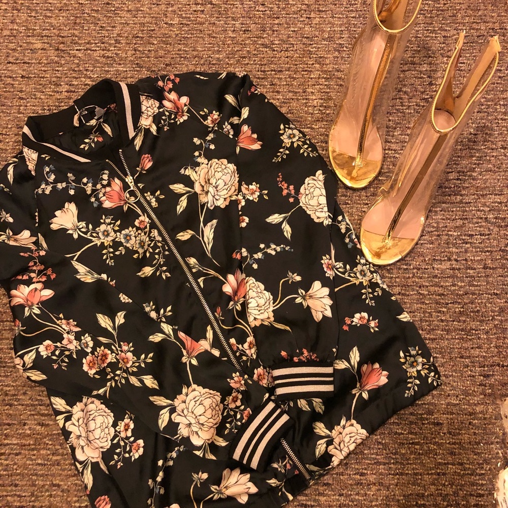 Floral design silk zip-up jacket